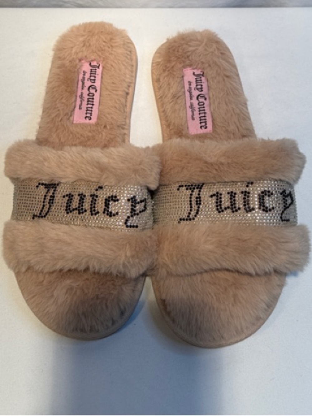 🆕 Juicy Couture Tan Faux-Fur Crystal Logo Slide Slippers